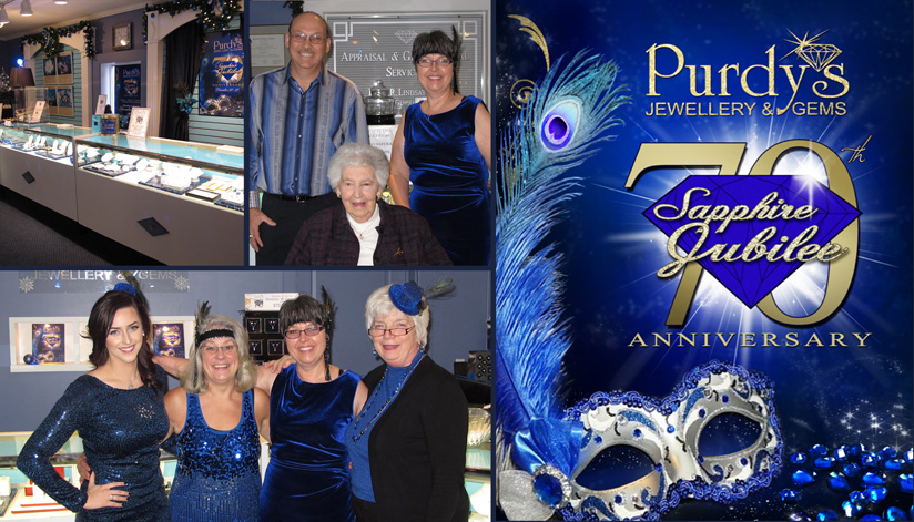 November 2014 marked Purdys Jewellery and Gems 70th Anniversary. To celebrate, we held a dazzling Sapphire Jubilee event. To begin the festivities, we hosted a special VIP night and sent out exclusive invitations to our most faithful, long-time customers as a thankyou for their loyalty. The night included music, games, activities, food and refreshments. The event continued for 3 days where we showcased a large selection of loose sapphires and finished sapphire rings and jewellery of all colours of sapphire, blue being the most popular. As well, Purdys introduced our new line of Dancing Sapphire jewellery. These unique pieces have sapphires set in such a unique fashion that the sapphires move or dance as you move, constantly catching the light and sparkle. Aunt Sheila, our honoured guest, enjoyed talking to her customers from back in the day when she and her husband, Grant, owned Purdys Jewellery store.
